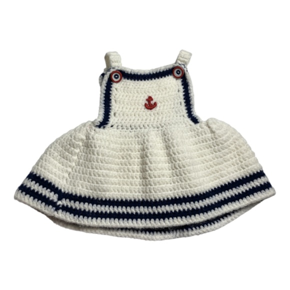 Vintage Handmade Knit Crochet Baby Sailor Dress Outfit Anchor White Blue Red Vin - Picture 1 of 6